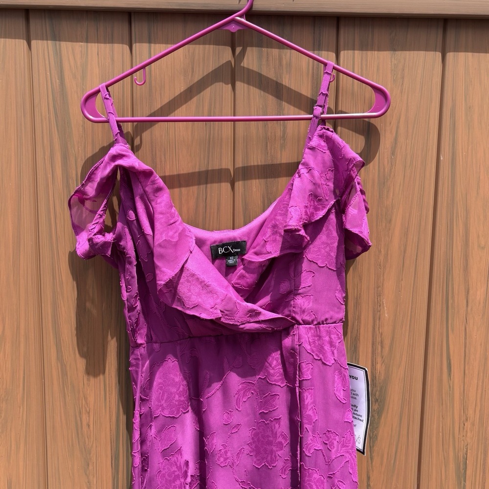 BCX Off-The-Shoulder Ruffled Asymmetrical-Hem Jacquard Dress Women's XS Pink NWT - Picture 6 of 10